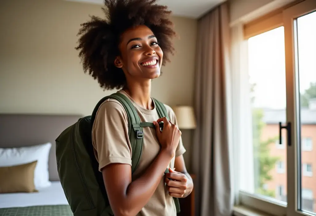 Mulher negra sorrindo enquanto prepara mochila para viagem sustentável.