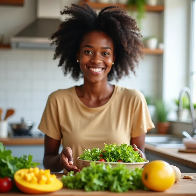 Mulher negra sorrindo enquanto prepara salada de alface e manga