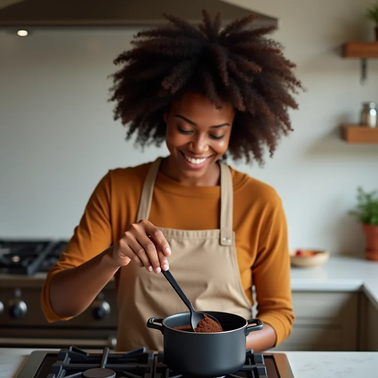 Mulher negra sorrindo enquanto prepara um chocolate quente especial.