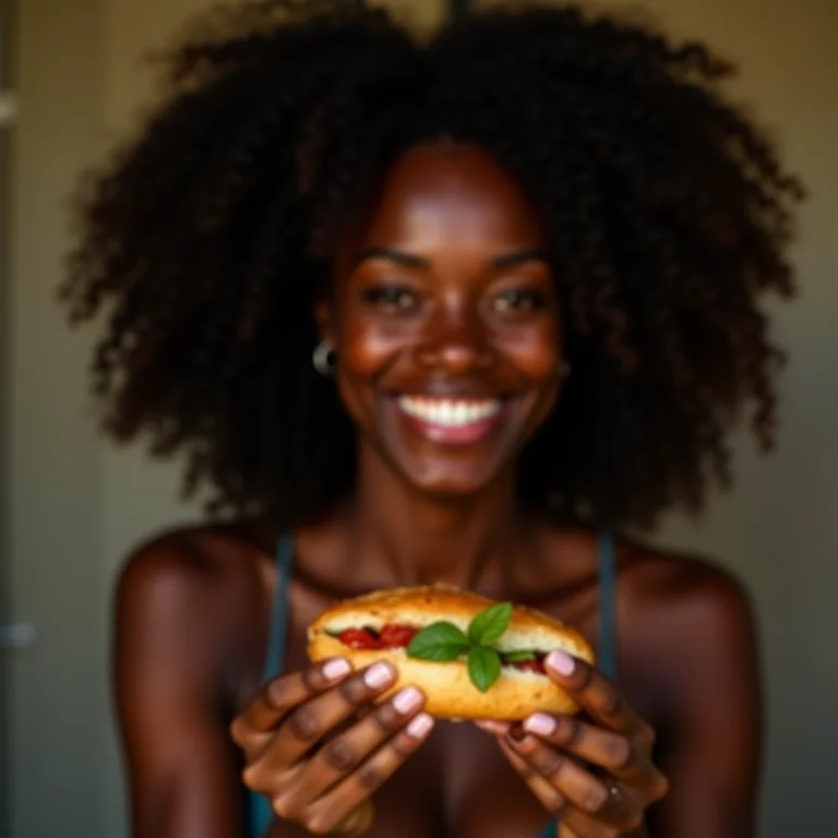 Mulher negra sorrindo enquanto segura uma bruschetta