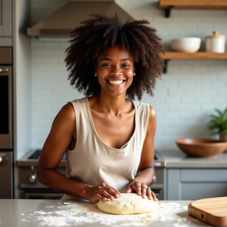 Mulher negra sorrindo enquanto trabalha em massa de salgados