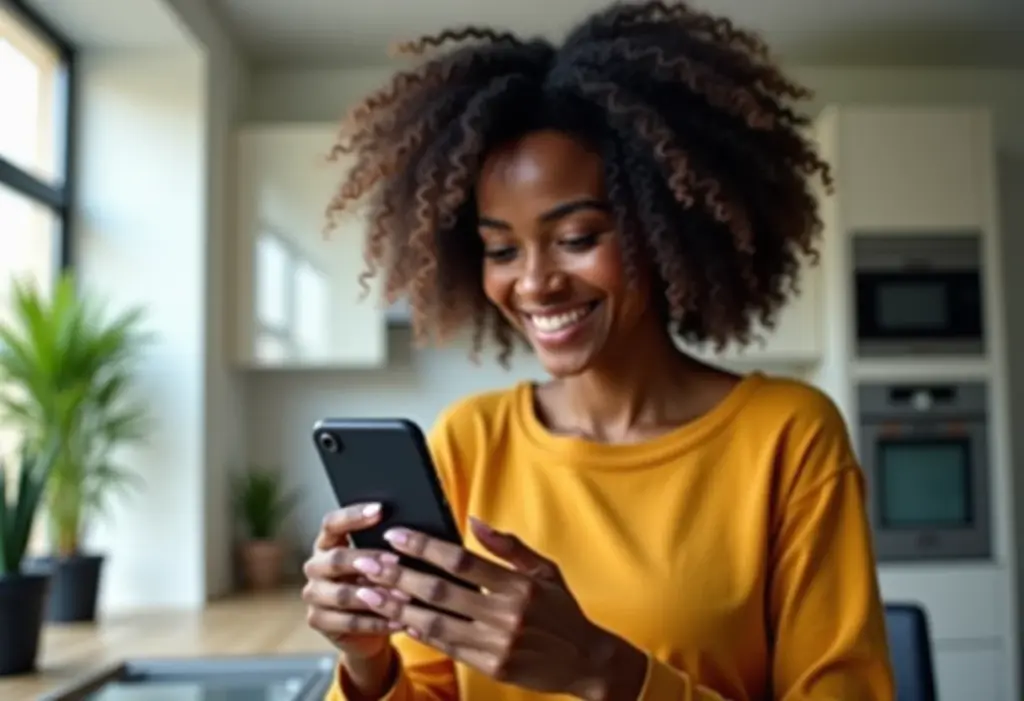 Mulher negra sorrindo enquanto usa app de banco para negociar dívida
