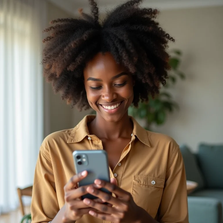 Mulher negra sorrindo enquanto usa gerenciador de senhas no celular