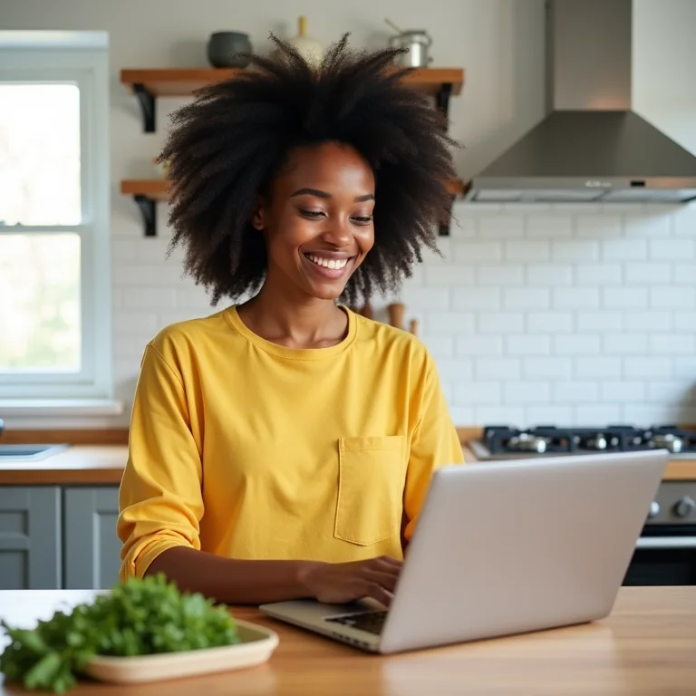 Mulher negra sorrindo enquanto usa laptop para ver receita