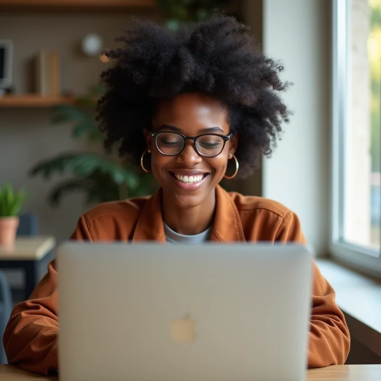 Mulher negra sorrindo enquanto usa o Google Workspace