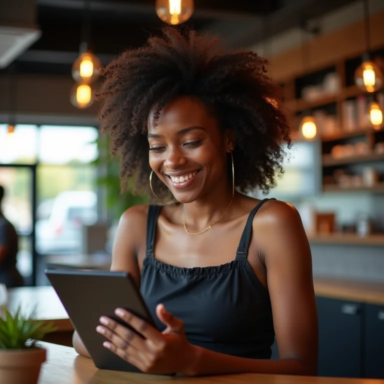 Mulher negra sorrindo enquanto usa tablet para gerenciar pedidos de delivery.