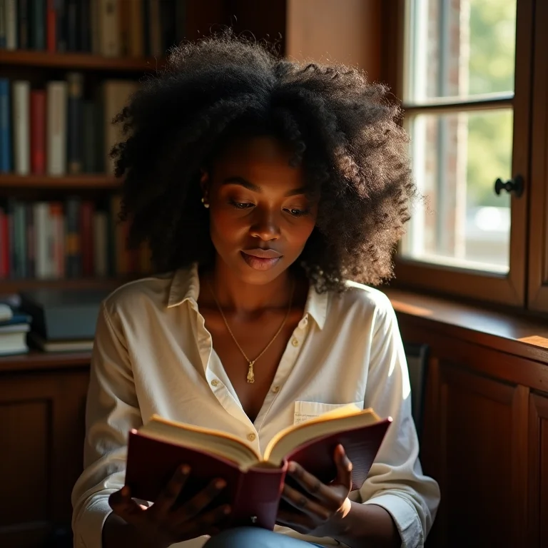 Mulher negra sorrindo lendo um livro em uma biblioteca iluminada