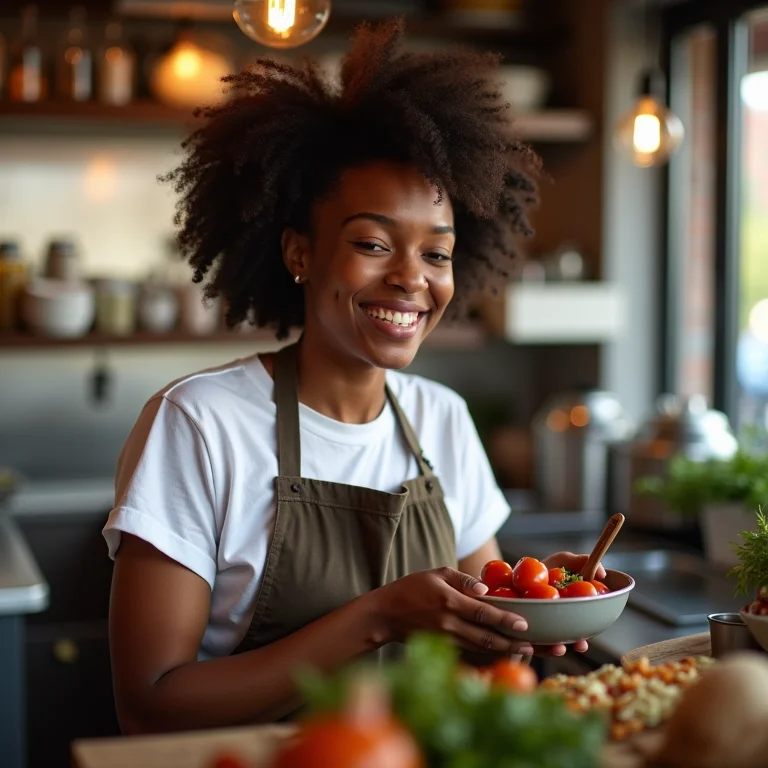 Mulher negra sorrindo na cozinha de sua franquia de alimentação