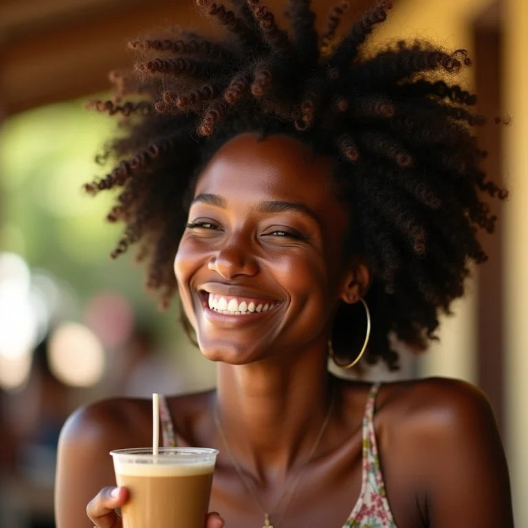 Mulher negra sorrindo na Orla do Guaíba