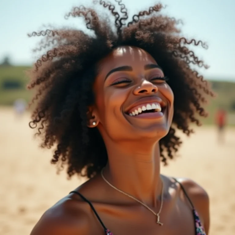 Mulher negra sorrindo na Praia dos Namorados em Guarapari