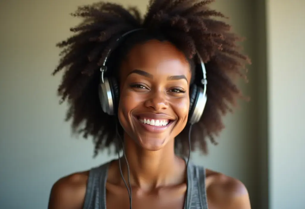 Mulher negra sorrindo ouvindo podcast esportivo.