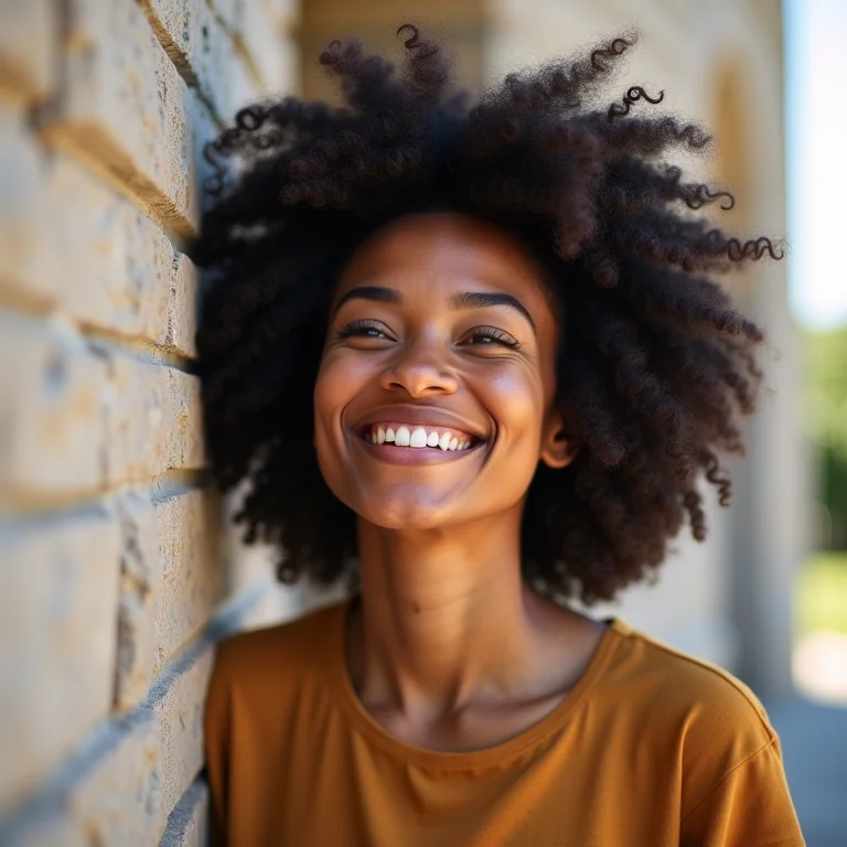 Mulher negra sorrindo para amostra de cimento queimado.