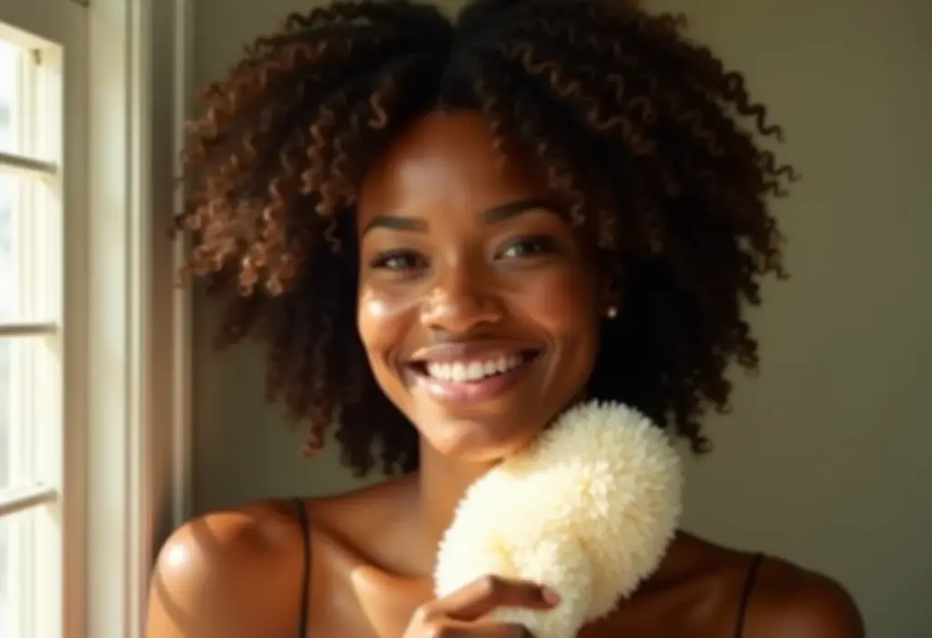 Mulher negra sorrindo, pele radiante, banho de lua