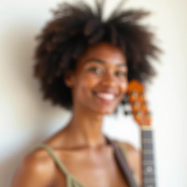 Mulher negra sorrindo pendurando guitarra na parede como decoração