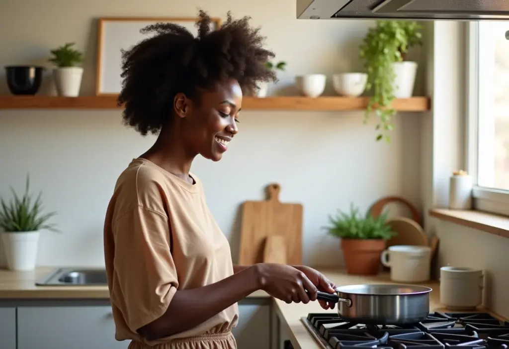Gás de cozinha nas alturas? Dicas simples para economizar JÁ! Mulher negra sorrindo perto do fogão, dicas para economizar gás