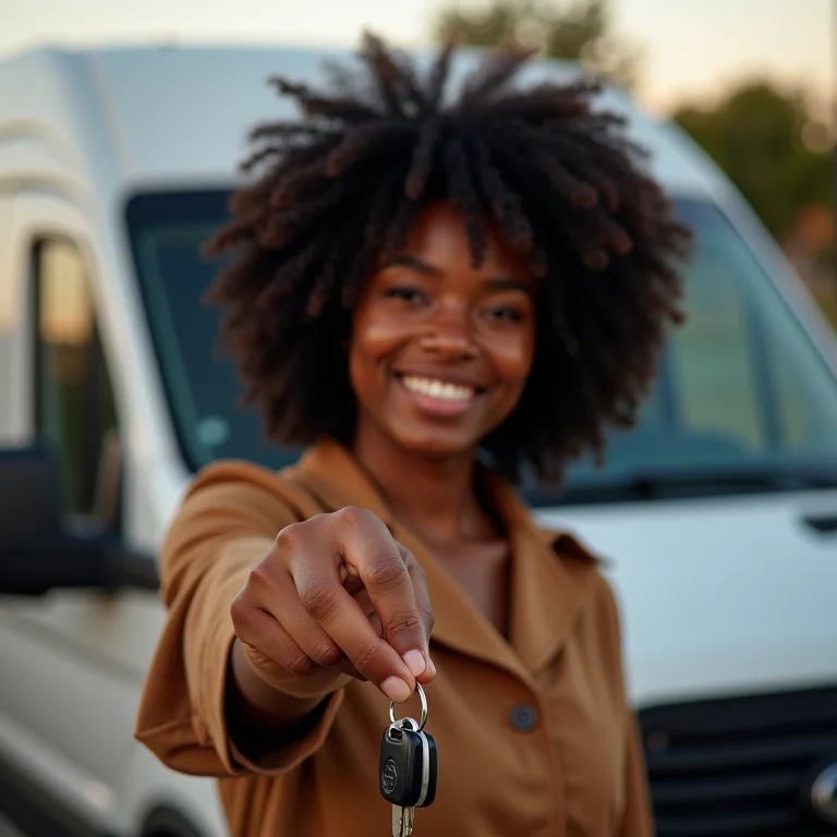 Mulher negra sorrindo segurando chaves em frente a carro forte leve