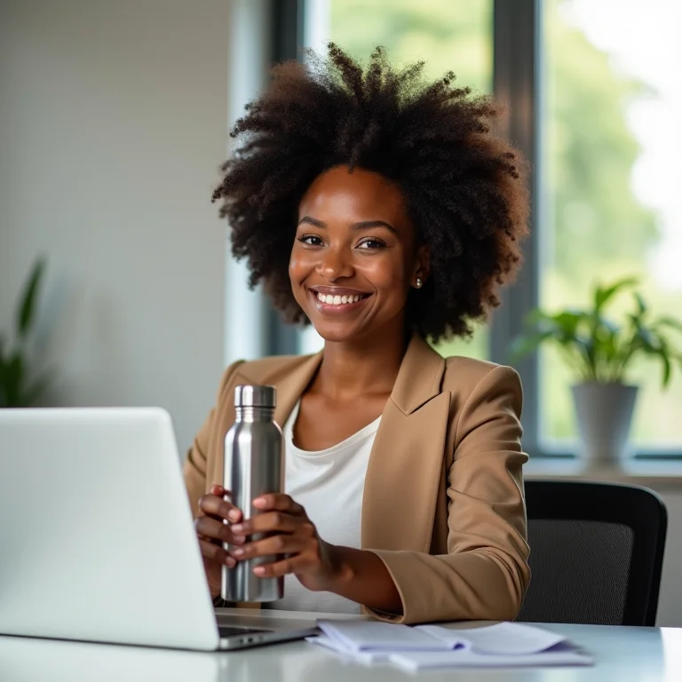 Mulher negra sorrindo segurando garrafa de água no escritório