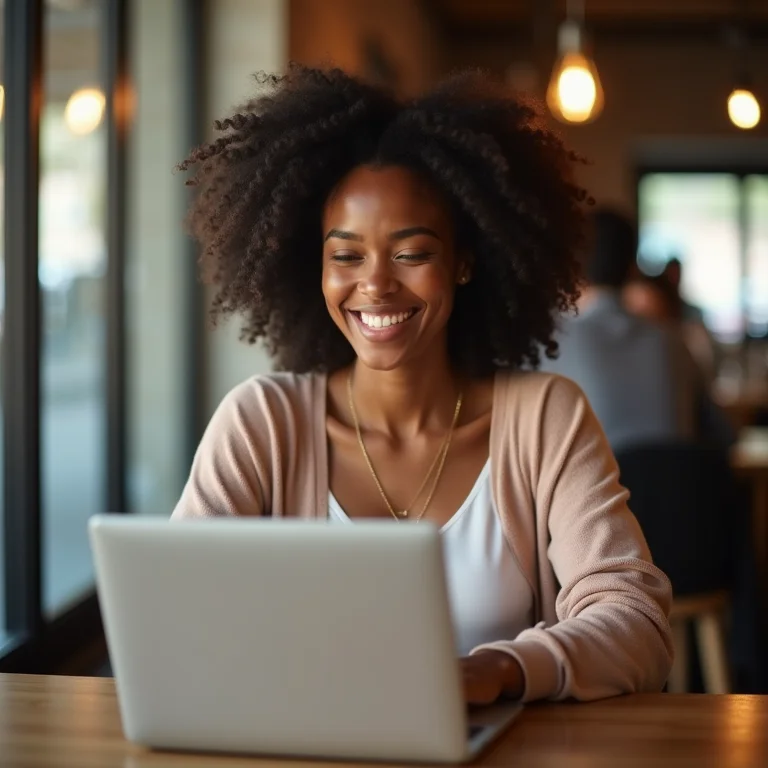 Mulher negra sorrindo trabalhando remotamente em um café