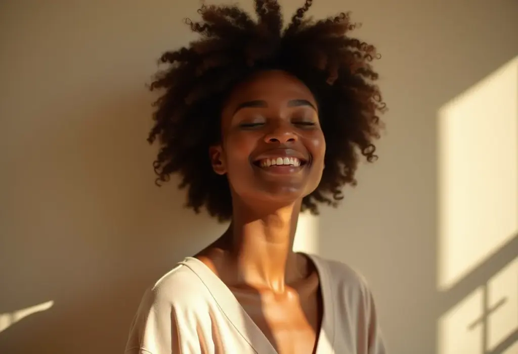 Mulher negra sorrindo, vestindo roupa de moda sustentável brasileira