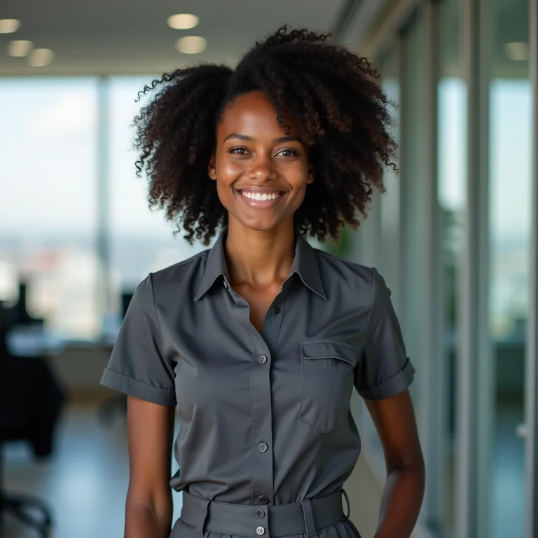 Mulher negra sorrindo vestindo uniforme bem ajustado em escritório moderno