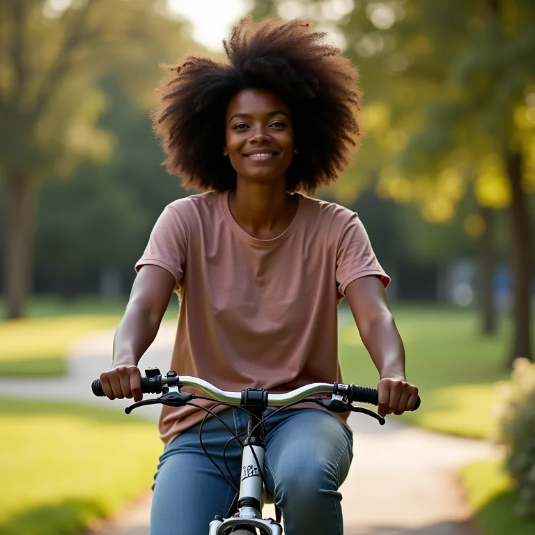 Mulher negra testando bicicleta em parque