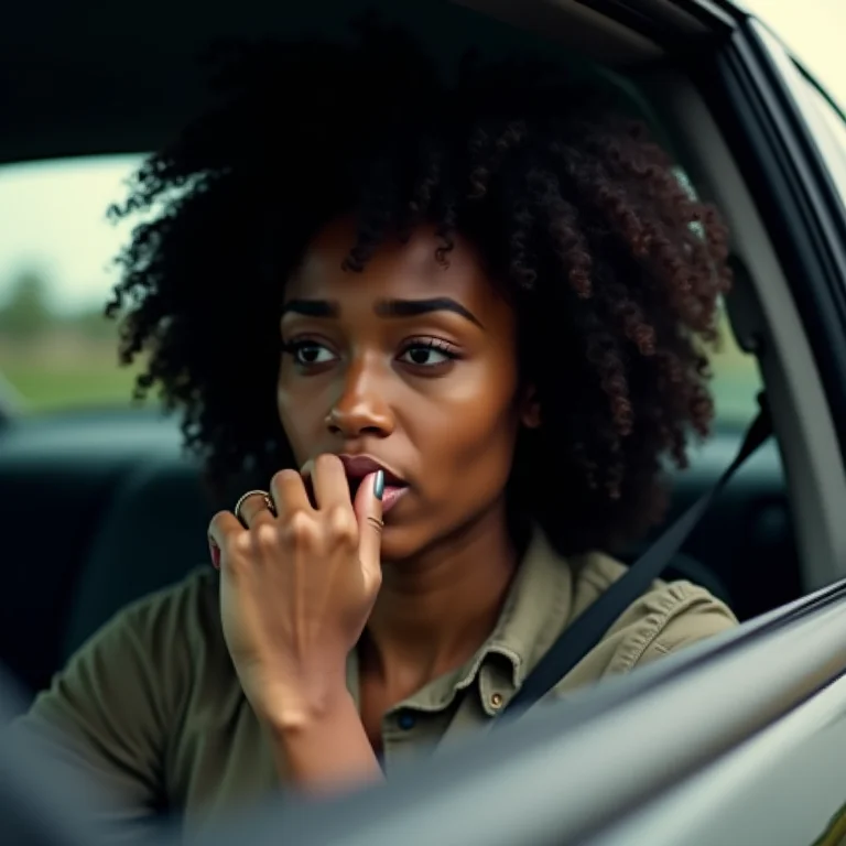 Mulher negra tossindo dentro do carro, destacando os problemas respiratórios causados pela falta de limpeza do ar condicionado.