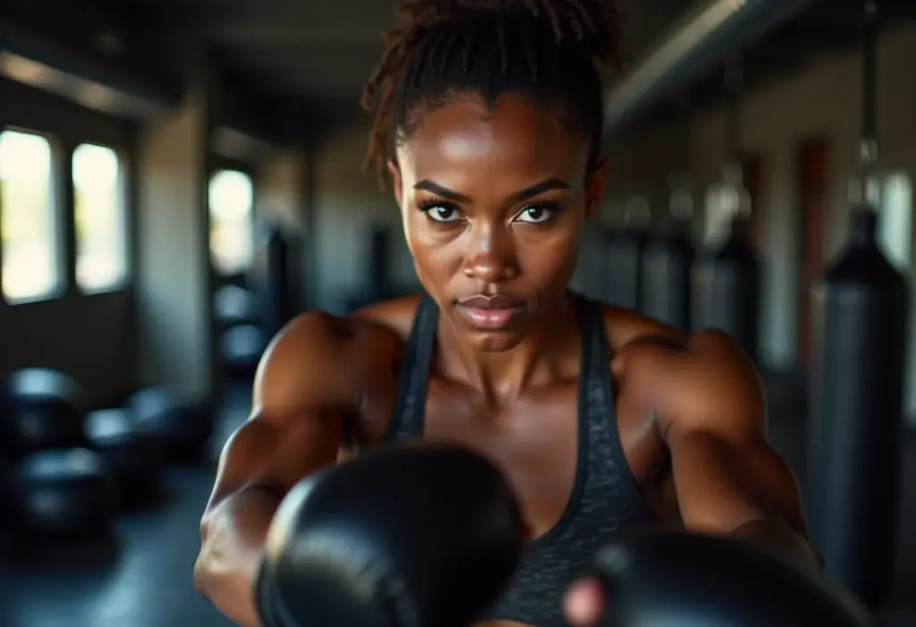 Mulher negra treinando Muay Thai com foco e determinação