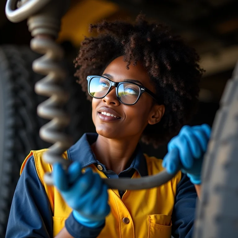 Mulher negra usando equipamentos de segurança inspecionando uma mola de caminhão