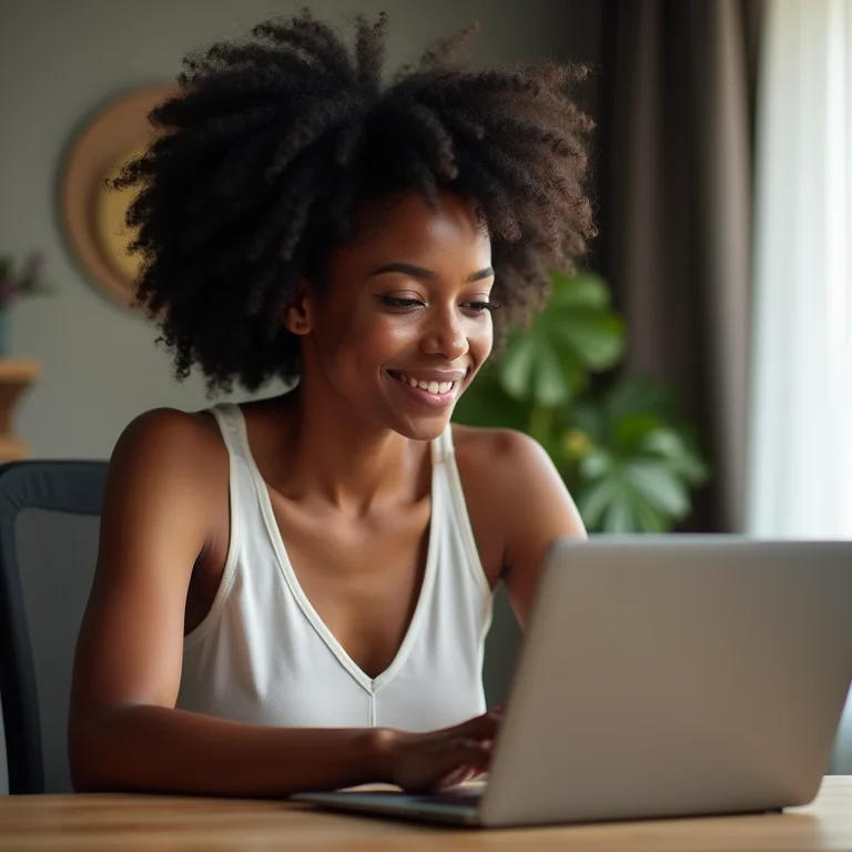 Mulher negra usando ferramentas de design online gratuitas no laptop