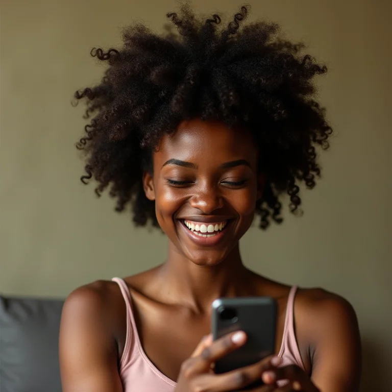 Mulher negra usando Google Fotos para transferir fotos