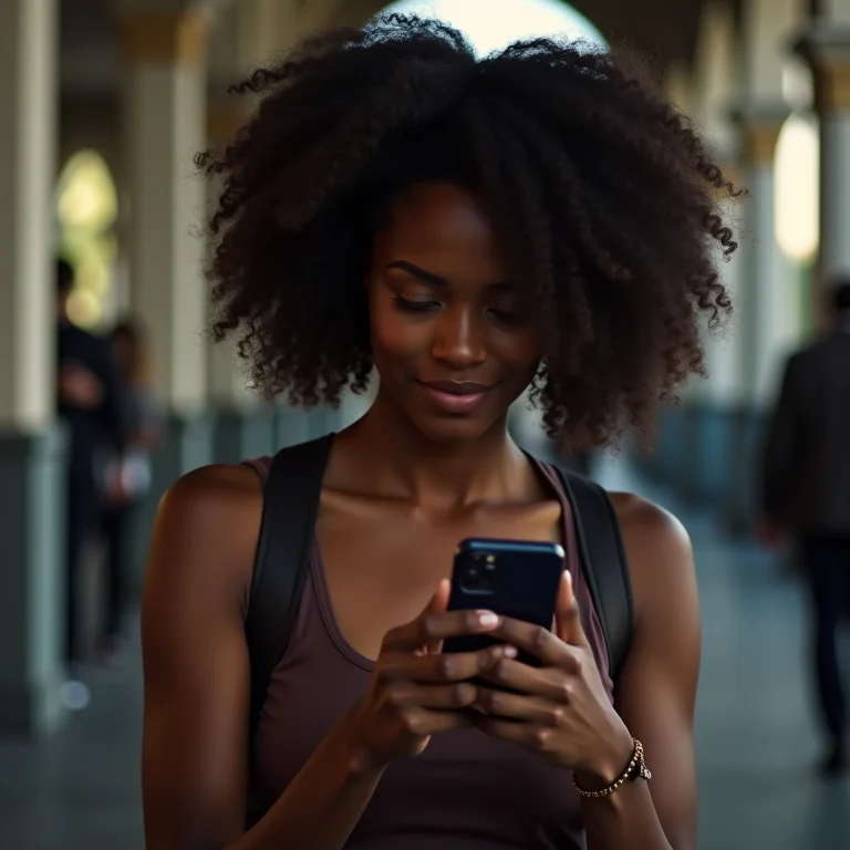 Mulher negra usando iPhone com segurança em espaço público