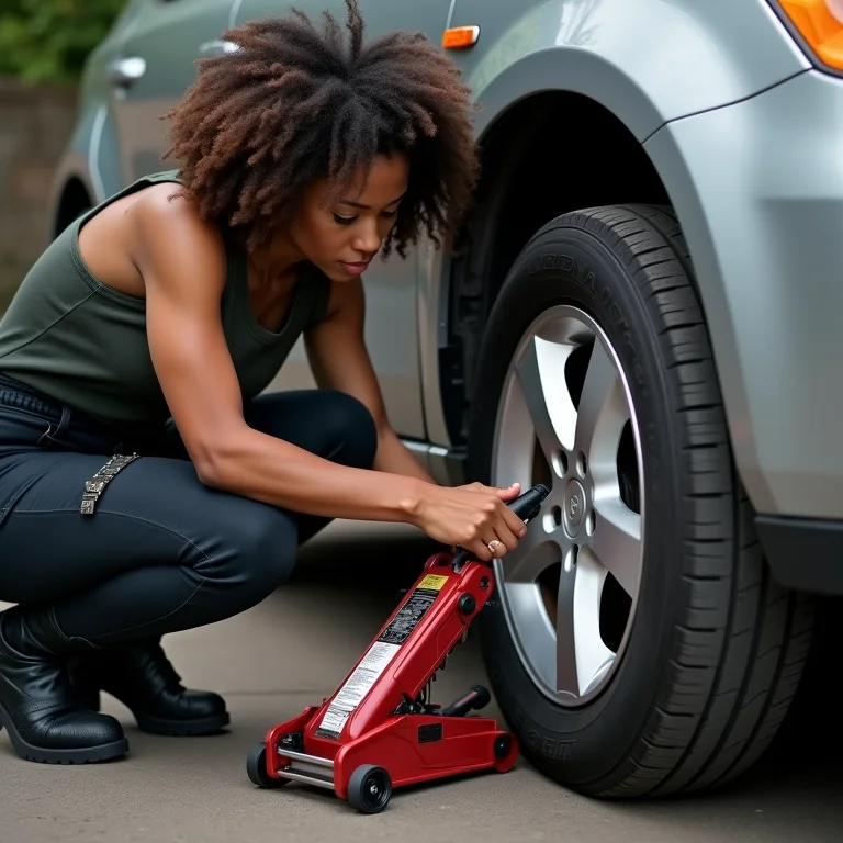Mulher negra usando macaco hidráulico