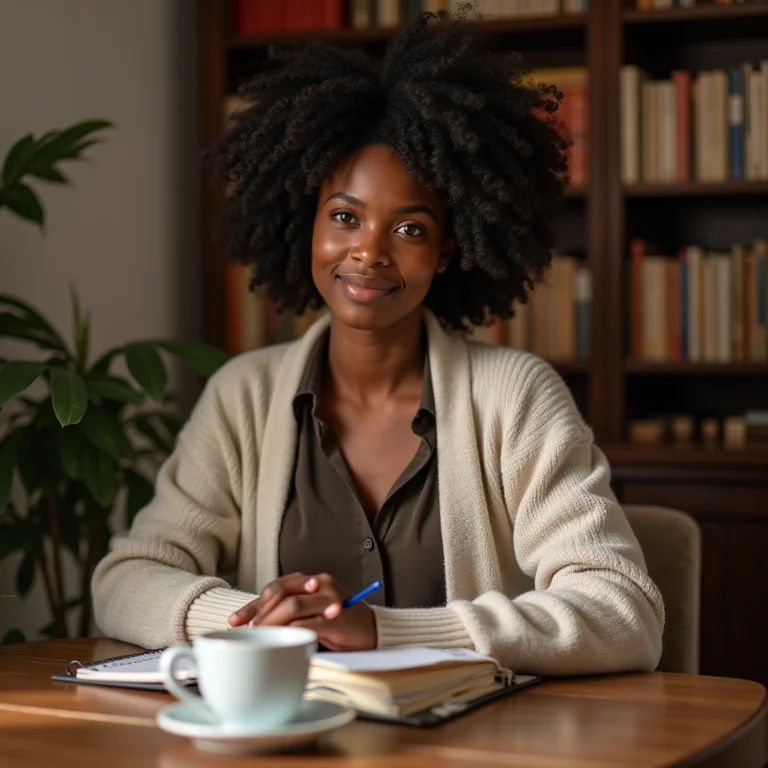 Mulher negra usando mesa de centro decorada com livros