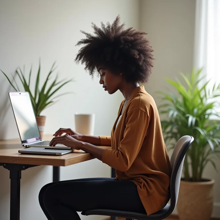 Mulher negra usando suporte para notebook para melhorar a postura