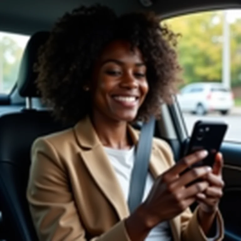 Mulher negra usando Uber com paradas para otimizar seu dia de trabalho.