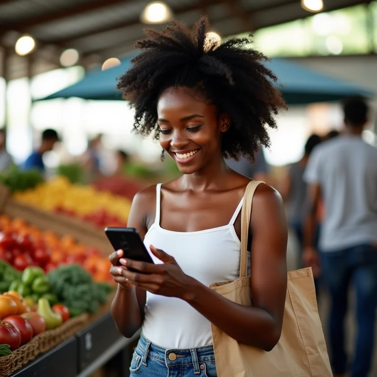 Mulher negra utilizando geolocalização para encontrar produtos em mercado local.