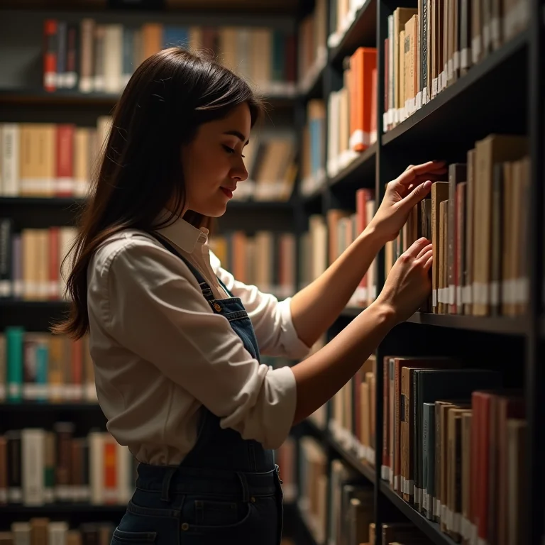 Mulher organizando livros em local iluminado.