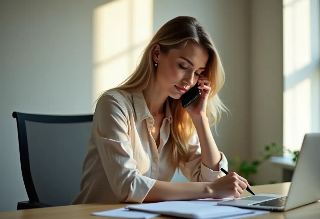 Mulher ouvindo mensagem de áudio no celular