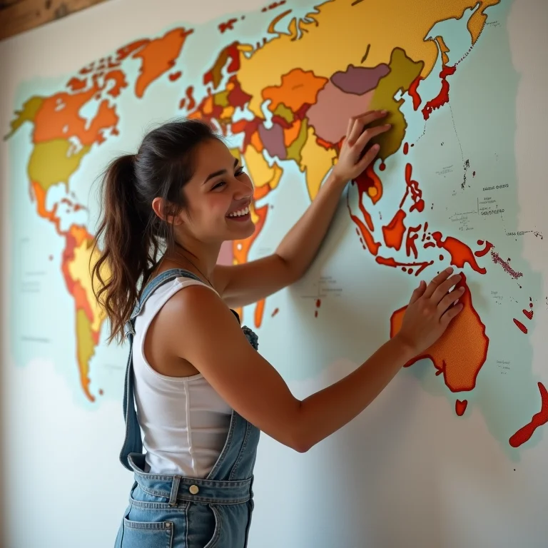 Mulher parda aplicando papel de parede de mapa