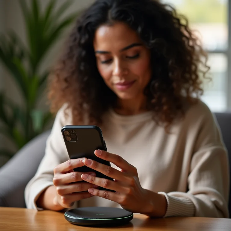 Mulher parda carregando celular sem fio