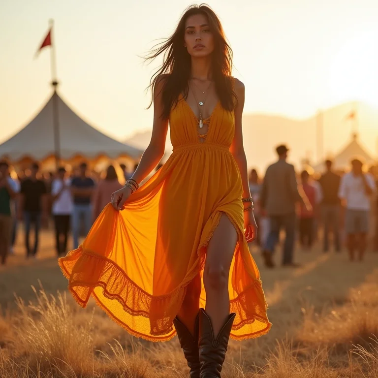 Mulher parda com vestido e bota em festival de música