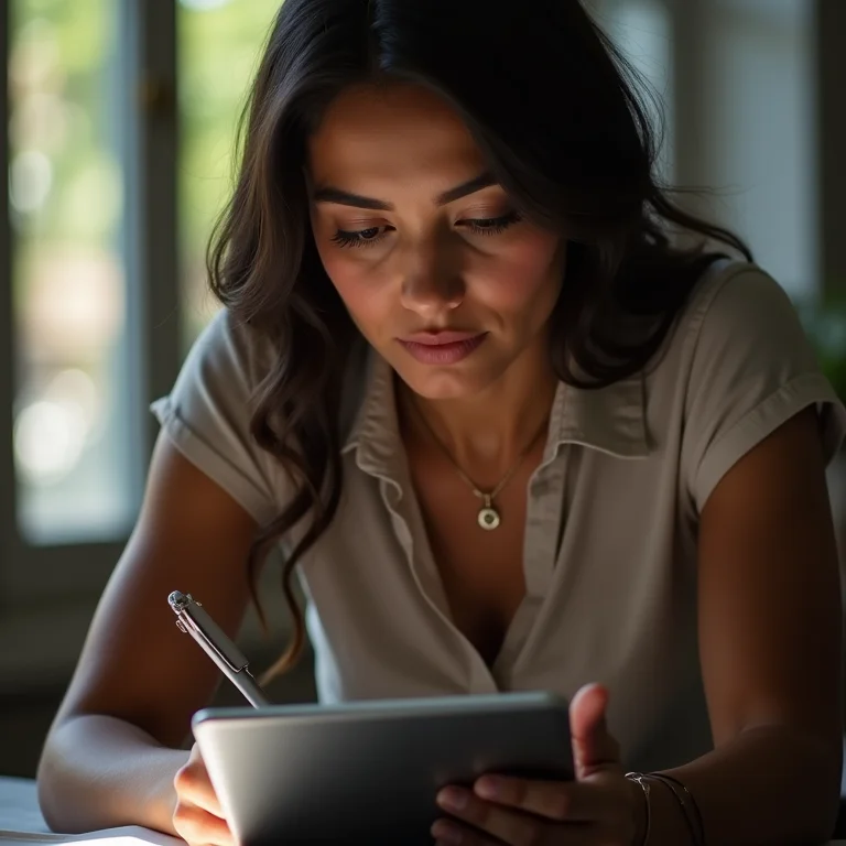 Mulher parda concentrada assistindo a um webinar em seu tablet