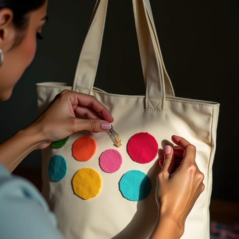 Mulher parda customizando bolsa com cola para tecido