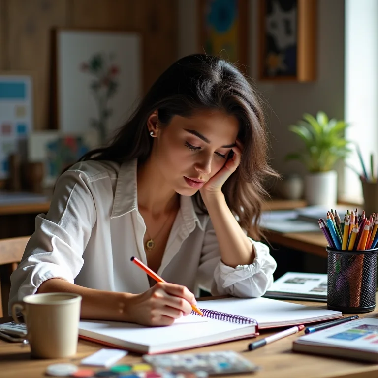 Mulher parda desenhando em um caderno, cercada por materiais de arte coloridos.