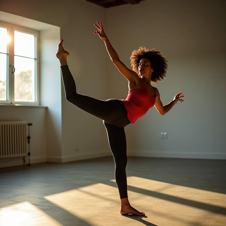 Mulher parda em estúdio de dança praticando movimentos de teatro físico