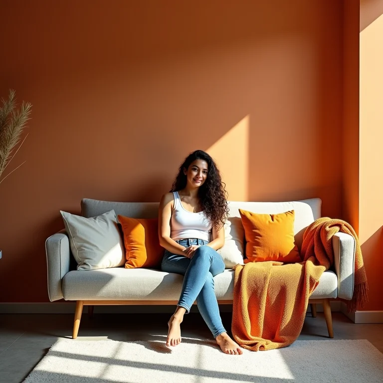 Mulher parda escolhendo almofadas para combinar com a parede.