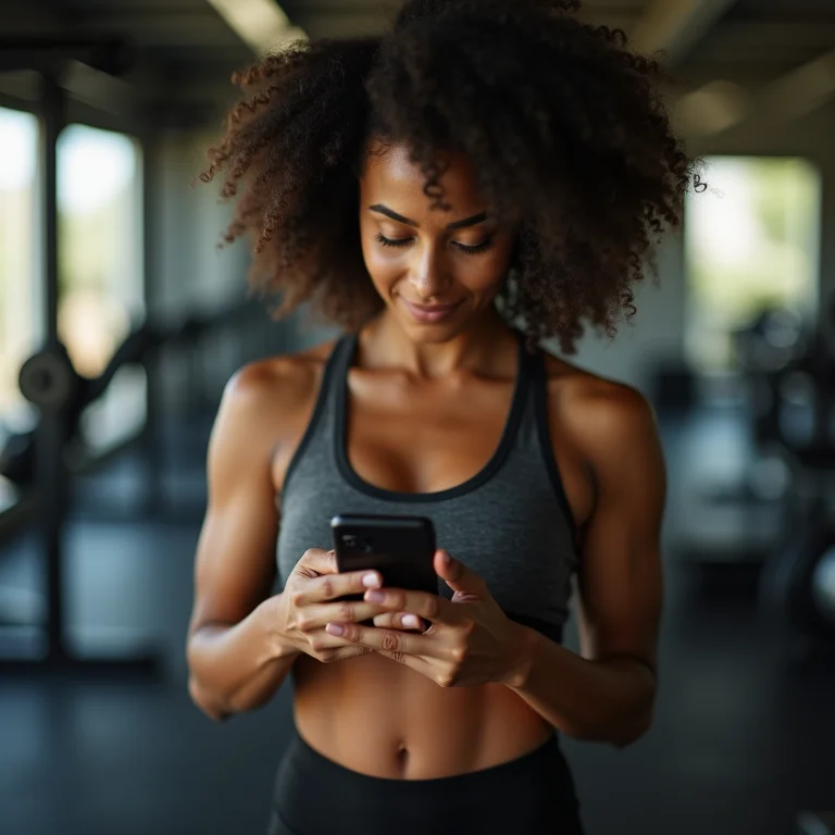 Mulher parda escolhendo exercícios em aplicativo de celular