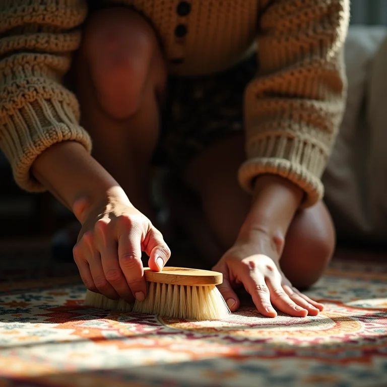 Mulher parda escovando tapete com escova de cerdas macias