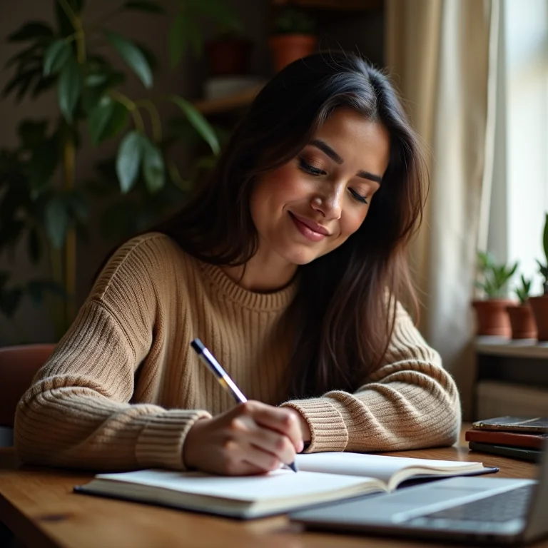 Mulher parda escrevendo em um diário em um espaço de trabalho organizado