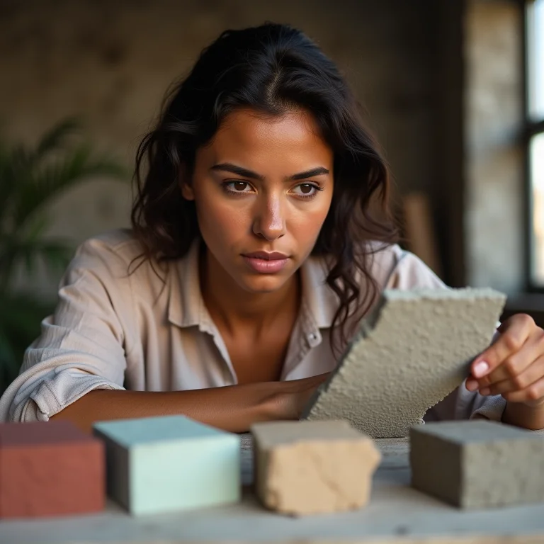 Mulher parda examinando amostras de cimento queimado.